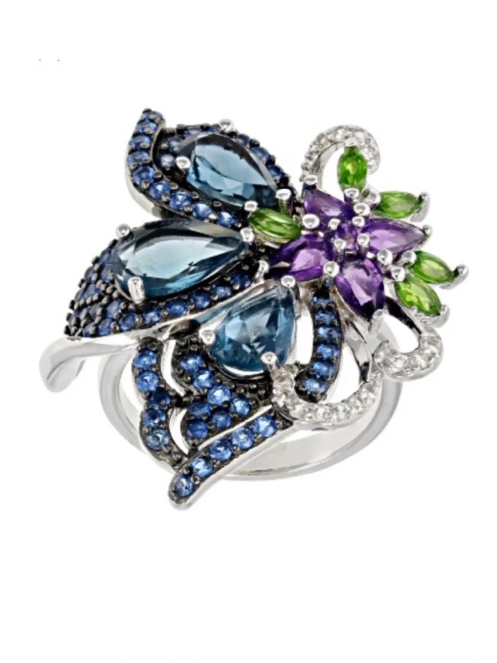 JTV London Blue Topaz Rhodium Over Sterling Silver Butterfly Ring 5.42ctw Size 5